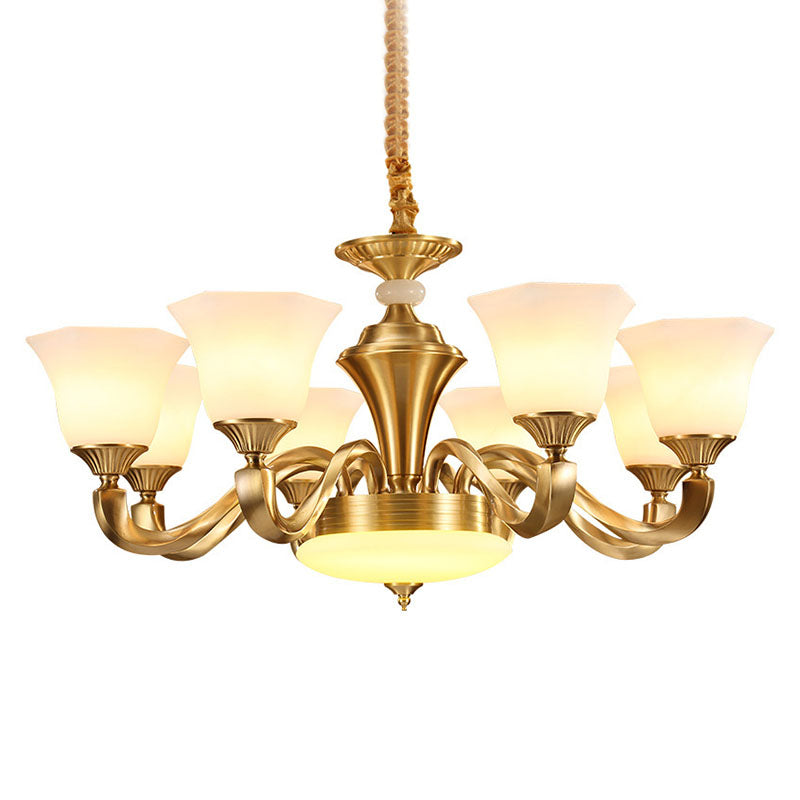 Contemporary Gold Bell Chandelier Pendant with Milky Glass Shade