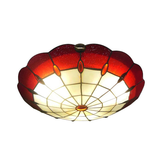 Tiffany Style Bedroom Ceiling Light 12"/16"/19.5" W Dome Shade Flush Mount with Red Jewel Decoration