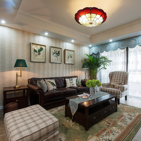 Tiffany Style Bedroom Ceiling Light 12"/16"/19.5" W Dome Shade Flush Mount with Red Jewel Decoration