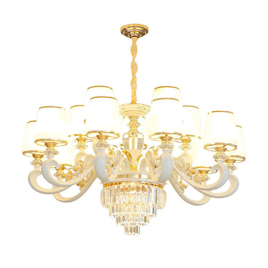 Sleek Gold Conical Pendant Light: Opaline Glass Chandelier with Curved Arm – Modern Simplicity