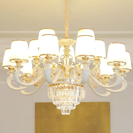 Sleek Gold Conical Pendant Light: Opaline Glass Chandelier with Curved Arm – Modern Simplicity