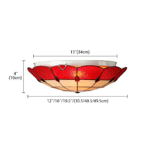 Tiffany Style Bedroom Ceiling Light 12"/16"/19.5" W Dome Shade Flush Mount with Red Jewel Decoration
