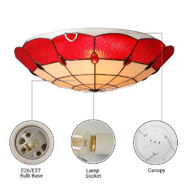 Tiffany Style Bedroom Ceiling Light 12"/16"/19.5" W Dome Shade Flush Mount with Red Jewel Decoration