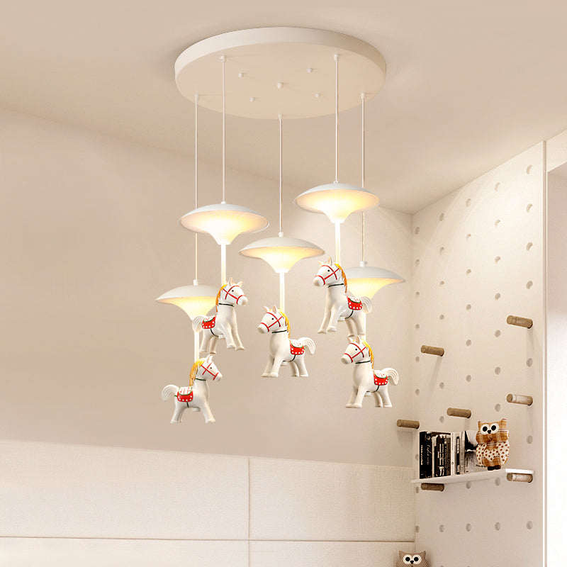 Cartoon Led Ceiling Pendant - White Horse Hanging Light With Metal Shade For Bedroom