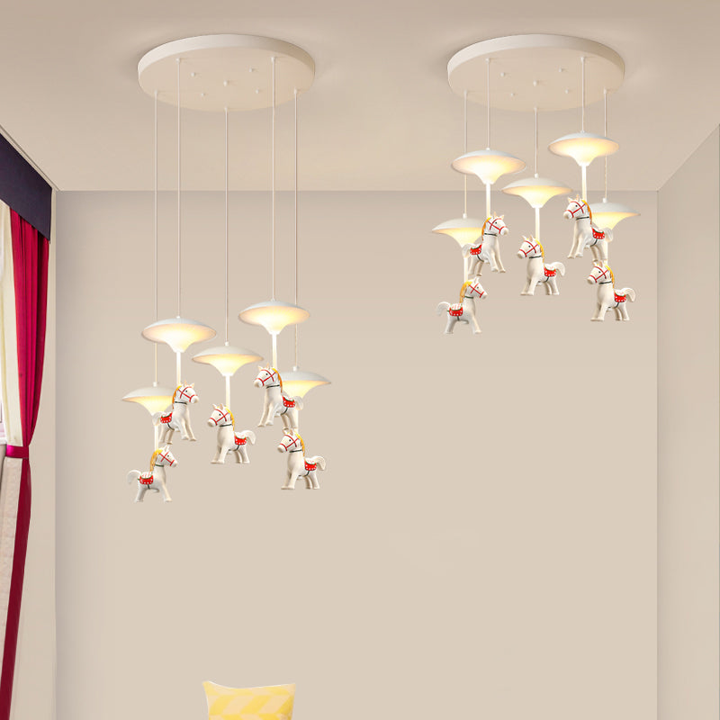 Cartoon Led Ceiling Pendant - White Horse Hanging Light With Metal Shade For Bedroom