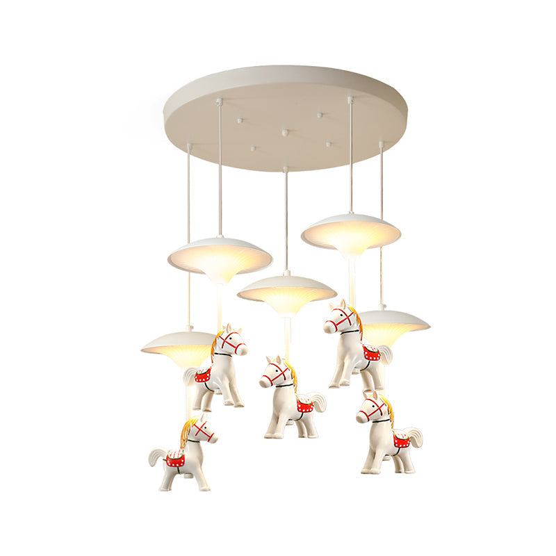 Cartoon Led Ceiling Pendant - White Horse Hanging Light With Metal Shade For Bedroom