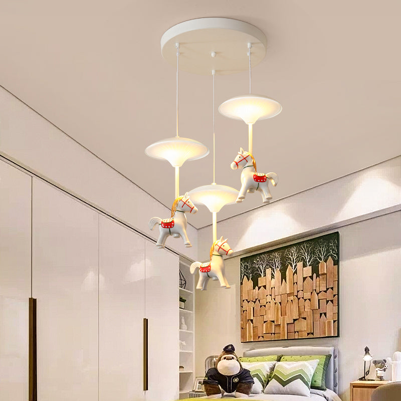 Cartoon Led Ceiling Pendant - White Horse Hanging Light With Metal Shade For Bedroom 3 /