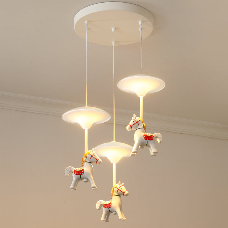 Cartoon Led Ceiling Pendant - White Horse Hanging Light With Metal Shade For Bedroom