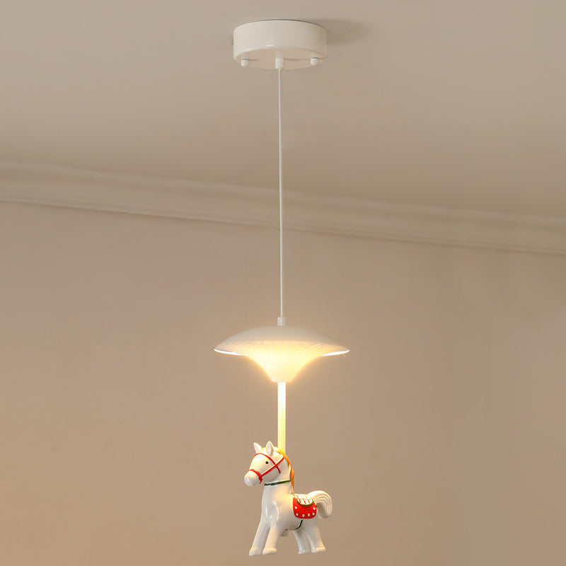 Cartoon Led Ceiling Pendant - White Horse Hanging Light With Metal Shade For Bedroom