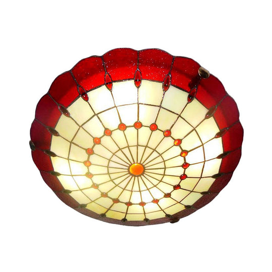 Tiffany Style Bedroom Ceiling Light 12"/16"/19.5" W Dome Shade Flush Mount with Red Jewel Decoration