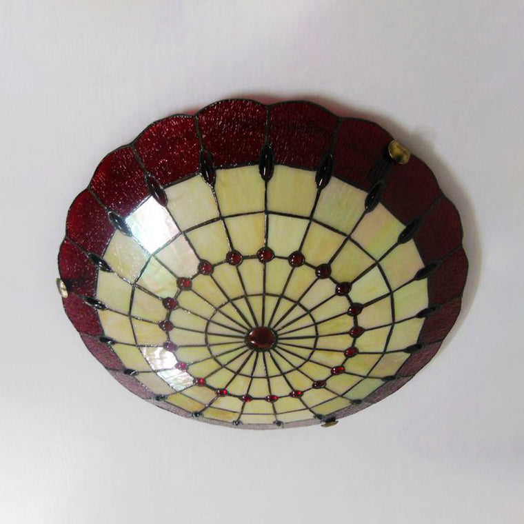 Tiffany Style Bedroom Ceiling Light 12"/16"/19.5" W Dome Shade Flush Mount with Red Jewel Decoration