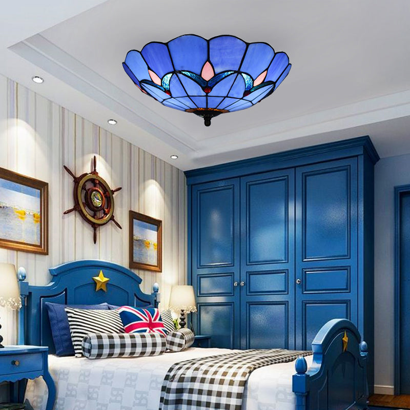 Blue Tiffany Dome Flush Mount Ceiling Lights with Jewel Decoration in Various Sizes for Bedroom