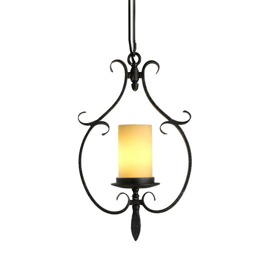 Rustic Beige Glass Cylinder Pendant Ceiling Light With Antique Black Finish - 1 Living Room Hanging