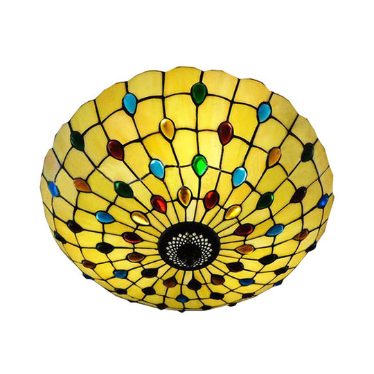 Tiffany 3-Light Beige Flush Mount Ceiling Light for Bedroom with Colorful Jewel and Floral Shade – 19.5"/16" Width