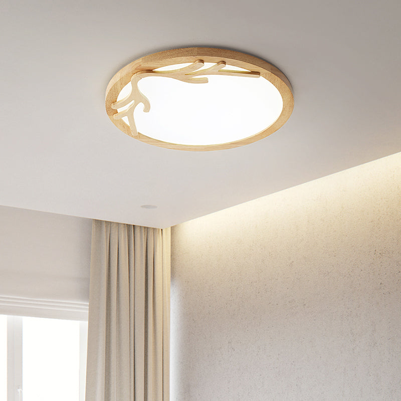 Modern Wooden Deer Antler LED Ceiling Light Flush Mount with Acrylic Diffuser - Beige