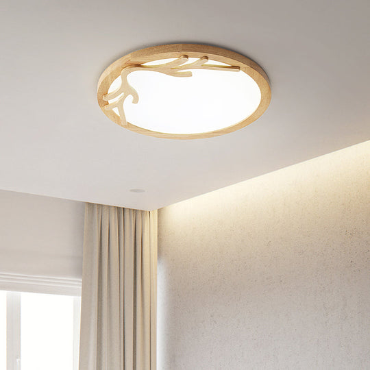 Modern Wooden Deer Antler LED Ceiling Light Flush Mount with Acrylic Diffuser - Beige