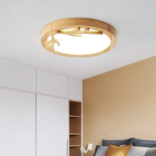 Modern Wooden Deer Antler LED Ceiling Light Flush Mount with Acrylic Diffuser - Beige