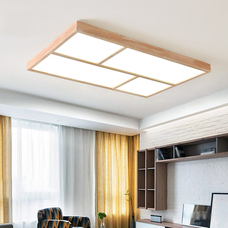 Sleek Beige LED Geometric Wood Flush Mount - Stylish Ceiling Light for Living Room