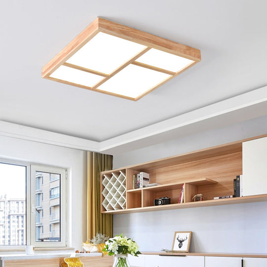 Sleek Beige LED Geometric Wood Flush Mount - Stylish Ceiling Light for Living Room
