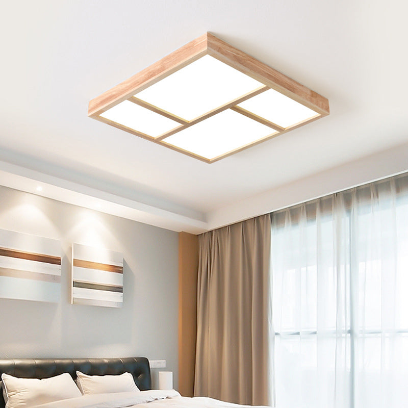 Sleek Beige LED Geometric Wood Flush Mount - Stylish Ceiling Light for Living Room