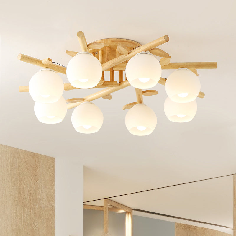 Nordic Wood Semi Flush Light with Cream Glass Sphere and Branch-Like Decor