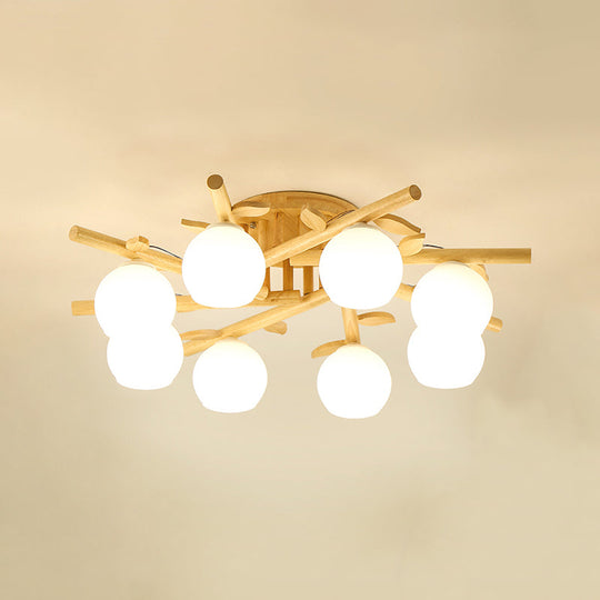 Nordic Wood Semi Flush Light With Cream Glass Sphere And Branch-Like Decor
