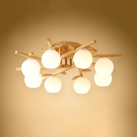 Nordic Wood Semi Flush Light with Cream Glass Sphere and Branch-Like Decor