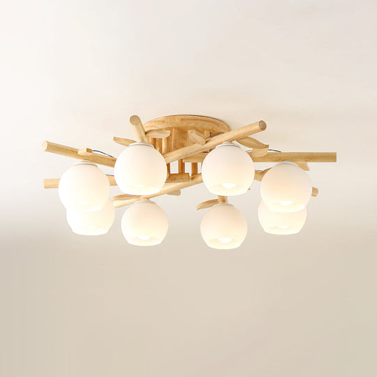 Nordic Wood Semi Flush Light With Cream Glass Sphere And Branch-Like Decor