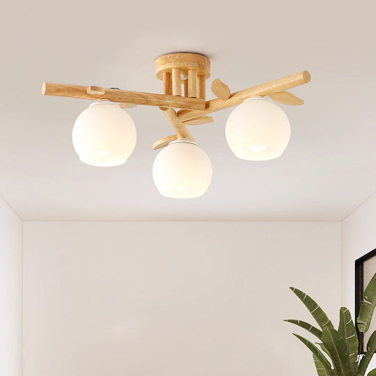 Nordic Wood Semi Flush Light with Cream Glass Sphere and Branch-Like Decor