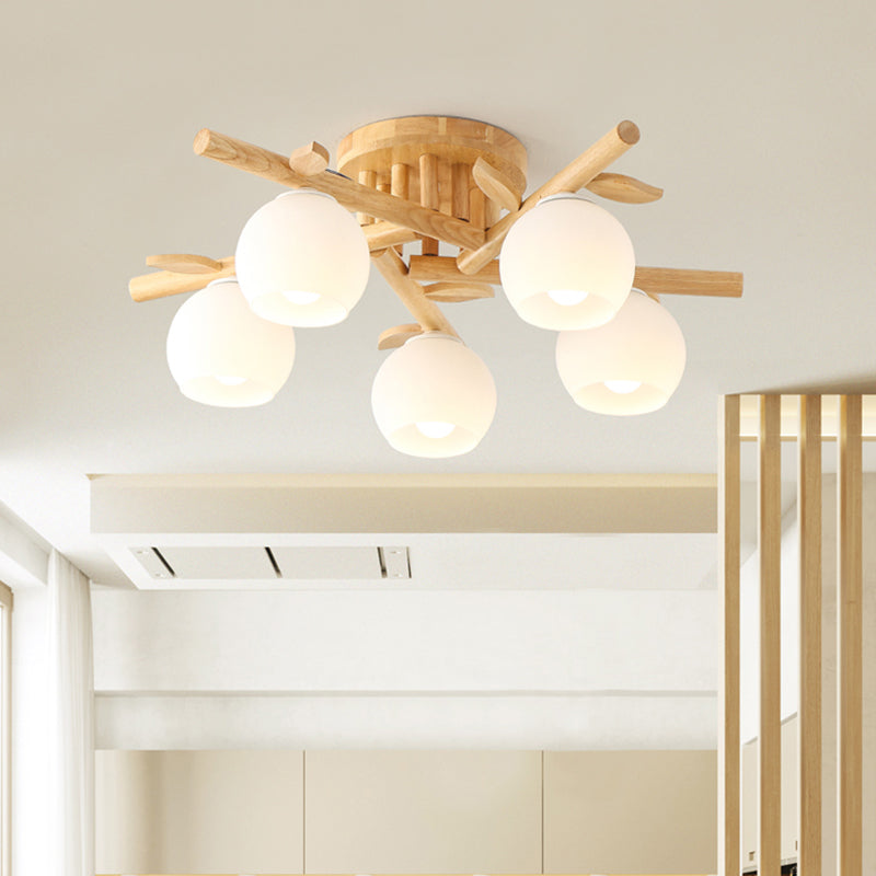 Nordic Wood Semi Flush Light with Cream Glass Sphere and Branch-Like Decor