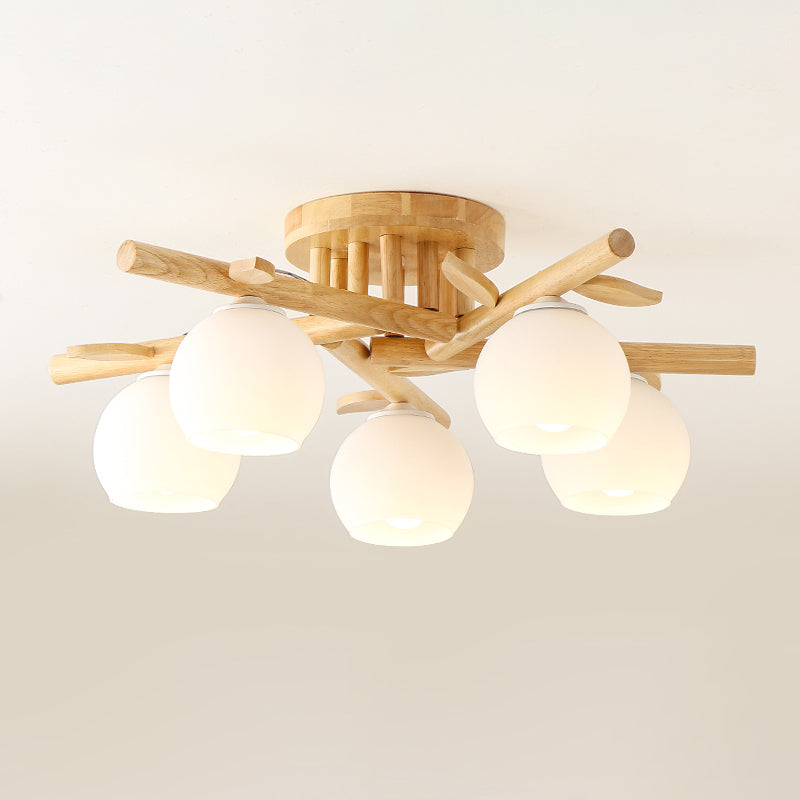 Nordic Wood Semi Flush Light with Cream Glass Sphere and Branch-Like Decor