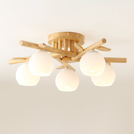Nordic Wood Semi Flush Light with Cream Glass Sphere and Branch-Like Decor