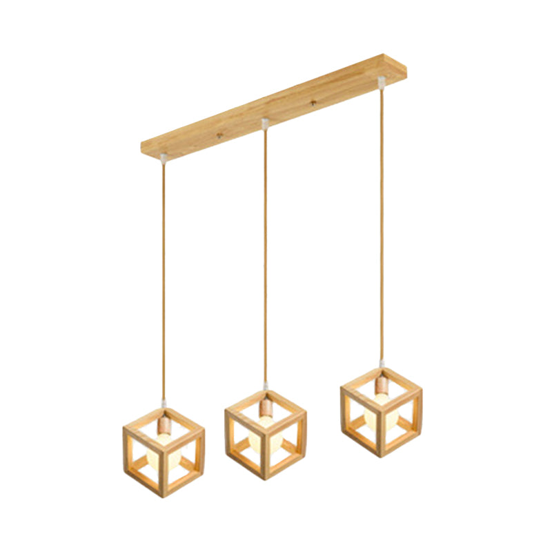 Suspension carrée simple en bois avec 3 lampes multiples pour cuisine