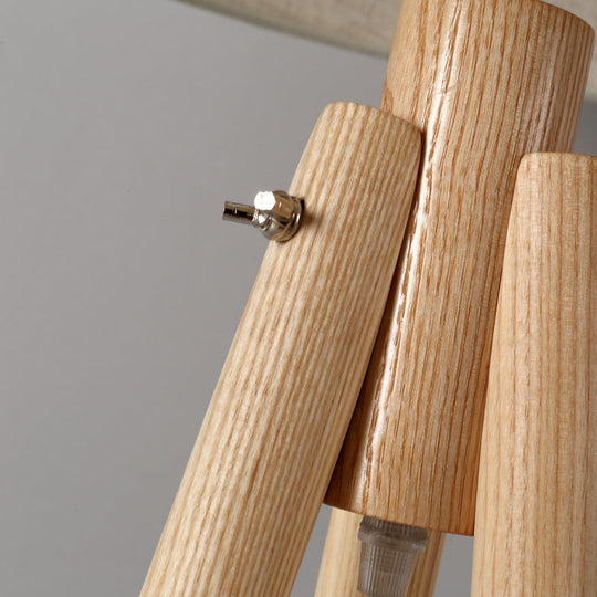 Modern Wooden Led Bedside Floor Lamp With Tripod Stand & Drum Fabric Shade