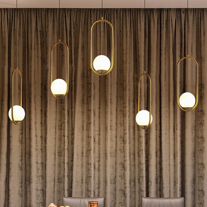 Modern Opal Glass Globe Pendant Light with Gold Finish and Oval Frame