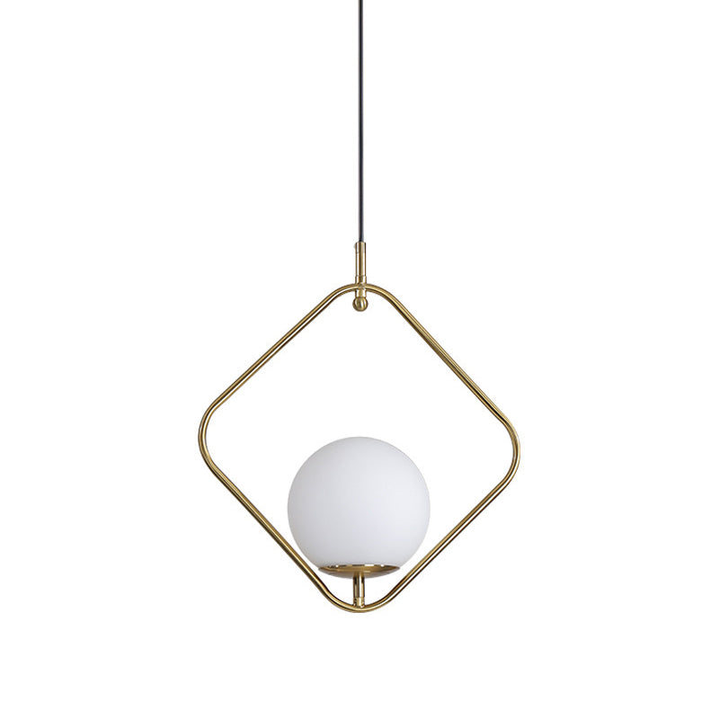 Minimalist Milky Glass Orb Pendant Light With Gold Pendulum And Metal Frame