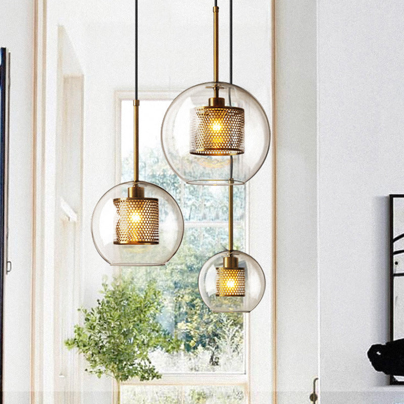 Modern Clear Glass Orb Pendant Light with Mesh Cage - Stylish Ceiling Hanging Lamp