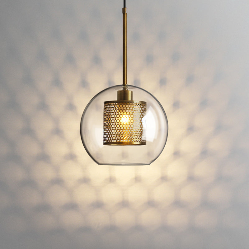 Modern Clear Glass Orb Pendant Light with Mesh Cage - Stylish Ceiling Hanging Lamp