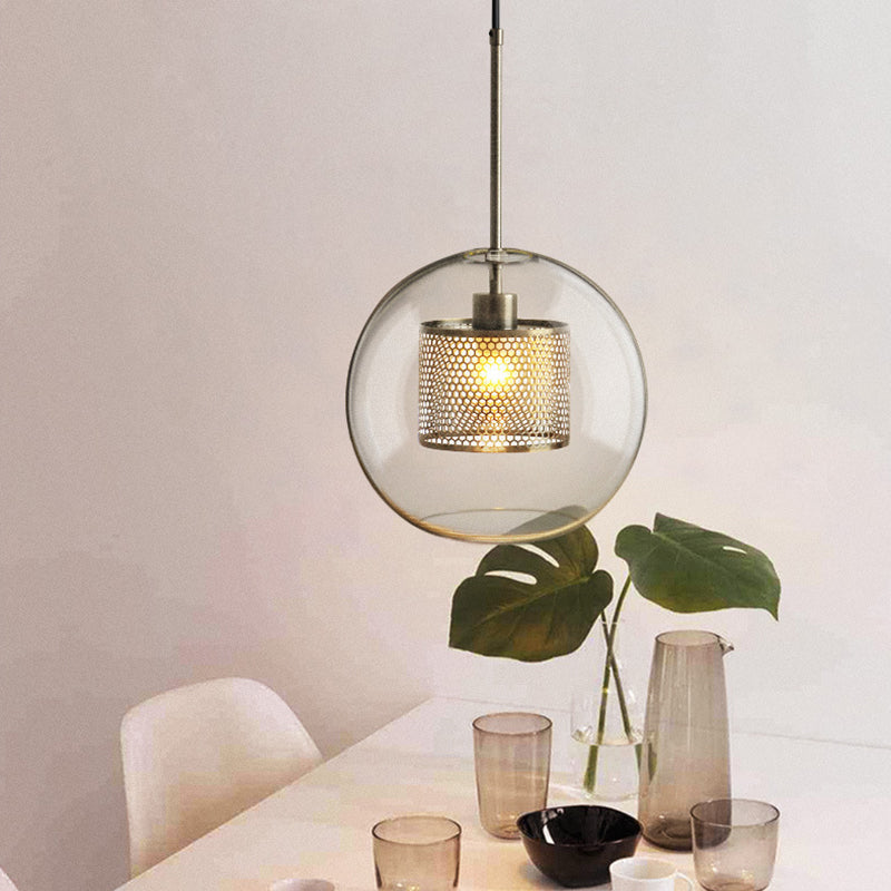 Modern Clear Glass Orb Pendant Light with Mesh Cage - Stylish Ceiling Hanging Lamp