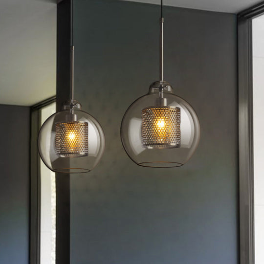 Modern Clear Glass Orb Pendant Light With Mesh Cage - 1 Head Hanging Ceiling Lighting Silver Gray /