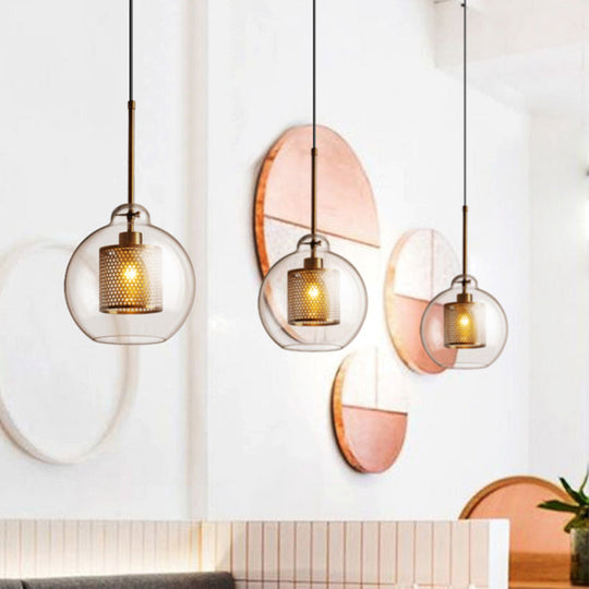 Modern Clear Glass Orb Pendant Light with Mesh Cage - Stylish Ceiling Hanging Lamp