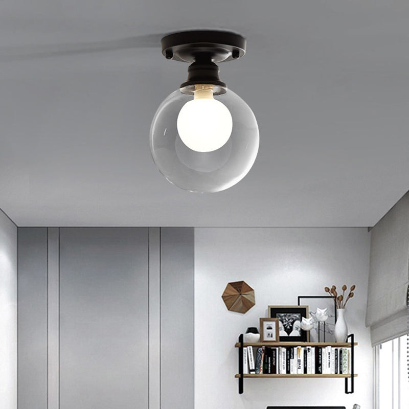 Modern Black Flush Mount Light Fixture With 1-Light Globe Dual Glass Shade - Ideal For Corridors