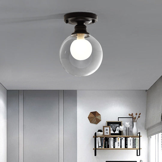 Modern Black Flush Mount Light Fixture With 1-Light Globe Dual Glass Shade - Ideal For Corridors