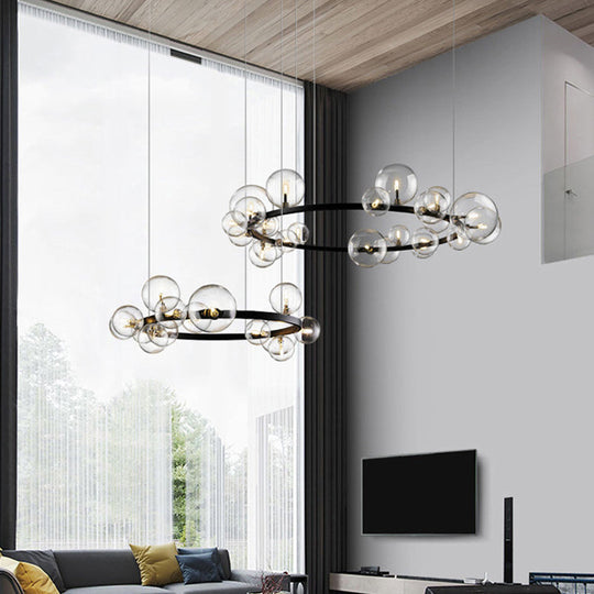 Lustre suspendu minimaliste noir avec boule en verre transparent - Luminaire idéal pour salle à manger