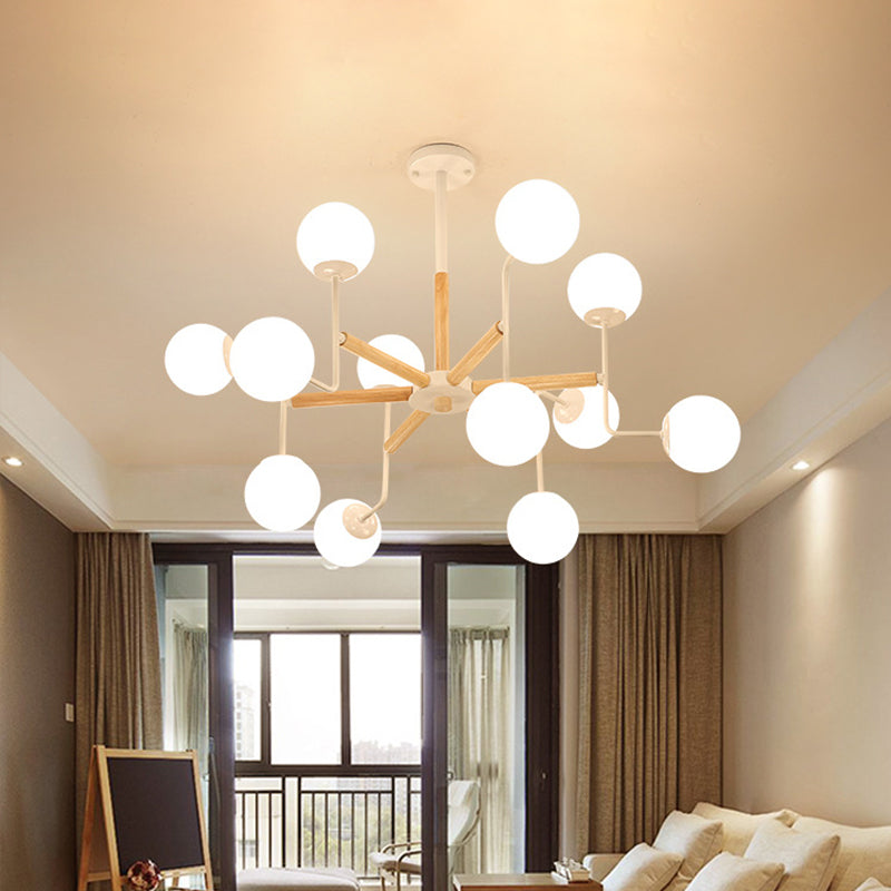 Wood Spherical Pendant Chandelier with Opaline Glass Shade