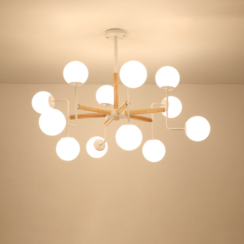 Wood Spherical Pendant Chandelier with Opaline Glass Shade