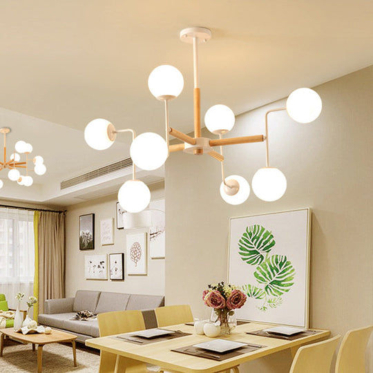 Wood Spherical Pendant Chandelier with Opaline Glass Shade