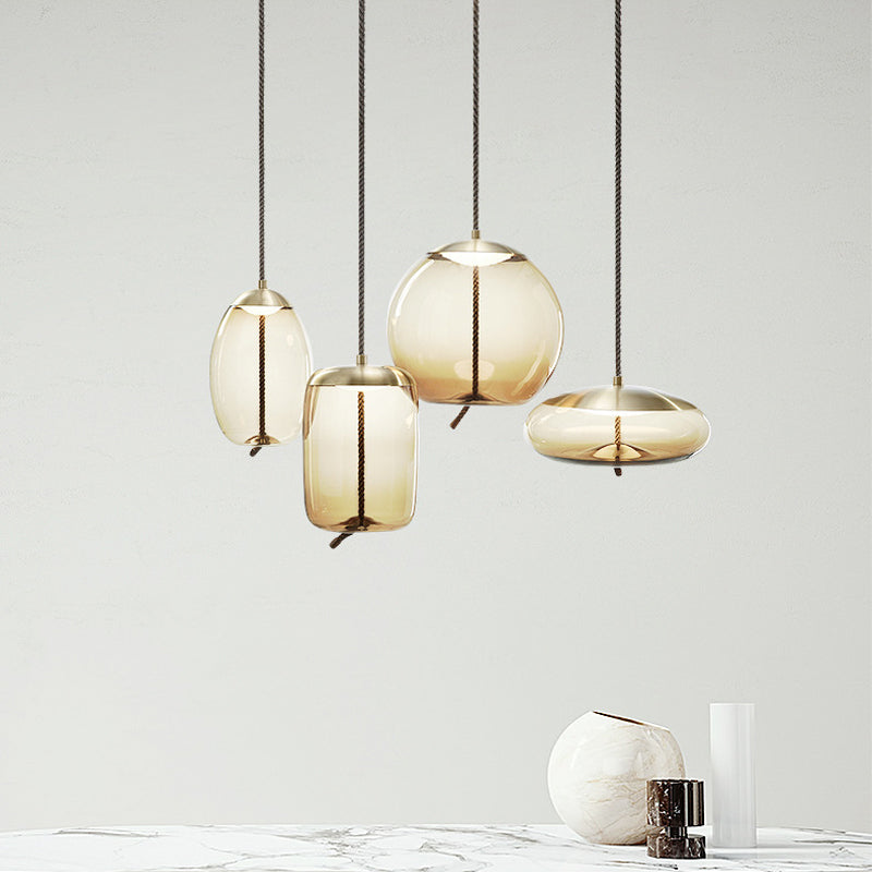 Contemporary Amber Glass Suspension Lamp - 1-Light Pendant For Dining Room