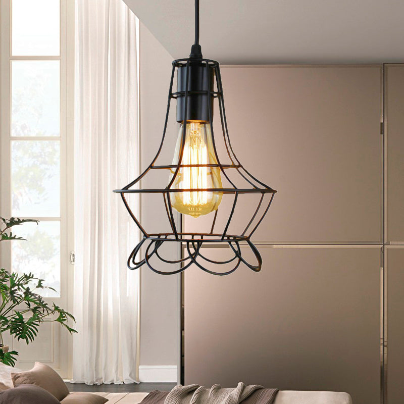 Industrial Metal Pendant Lighting with Height Adjustable Flower Cage Shade - Perfect for Bedroom Ceilings