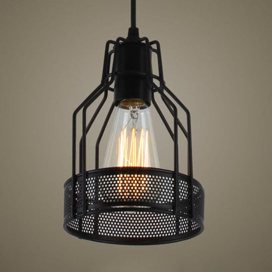 Vintage Industrial Pendant Lighting: Caged Restaurant Metal Fixture with Mesh Screen in Black